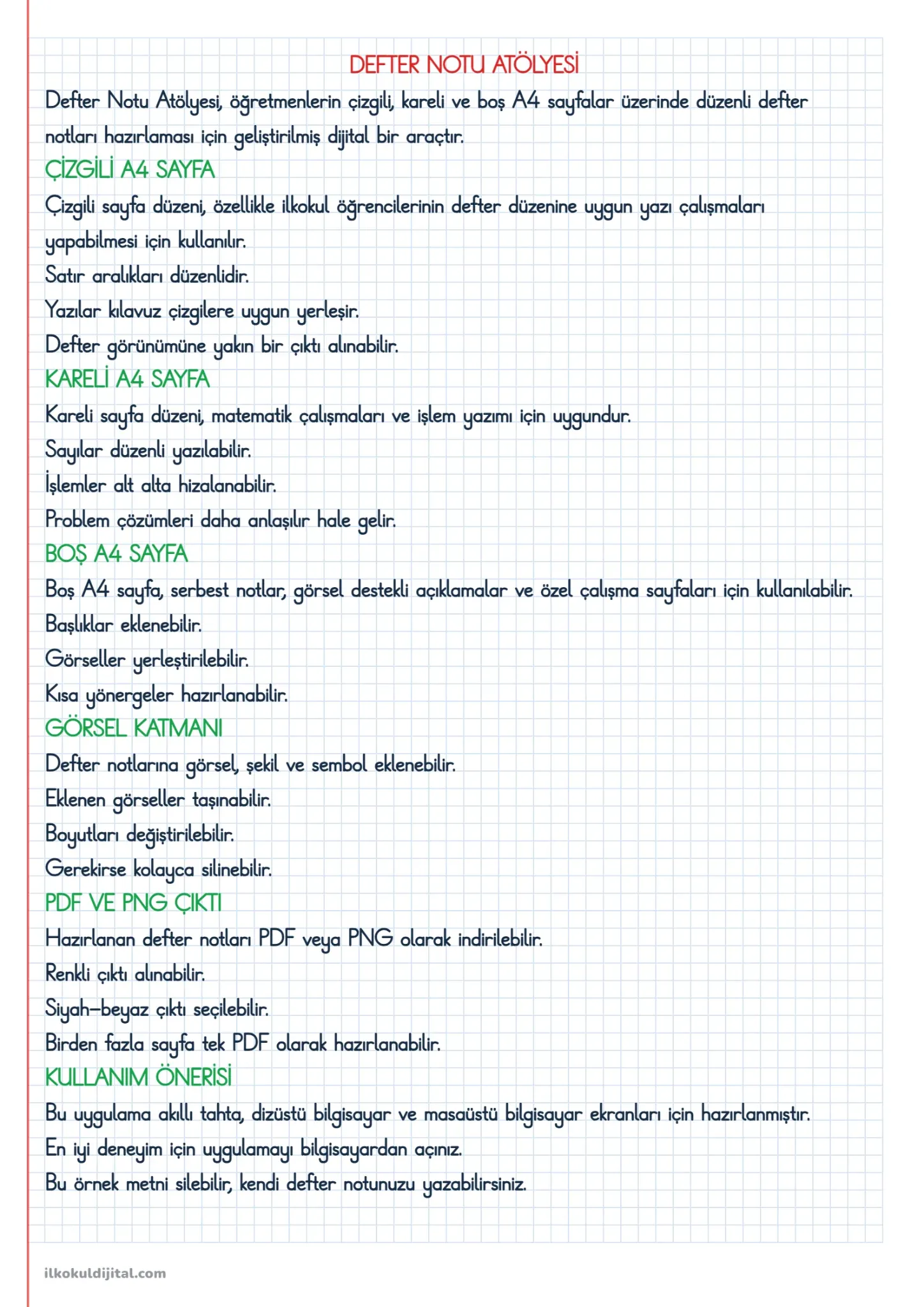 Defter Notu Atölyesi kareli A4 defter notu çıktı örneği