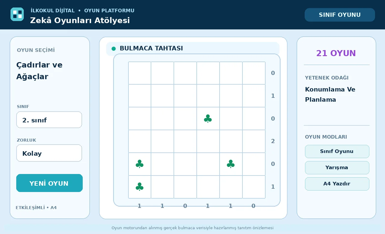 Çadırlar ve Ağaçlar (Tents and Trees) oyunu için örnek bulmaca tahtası önizlemesi