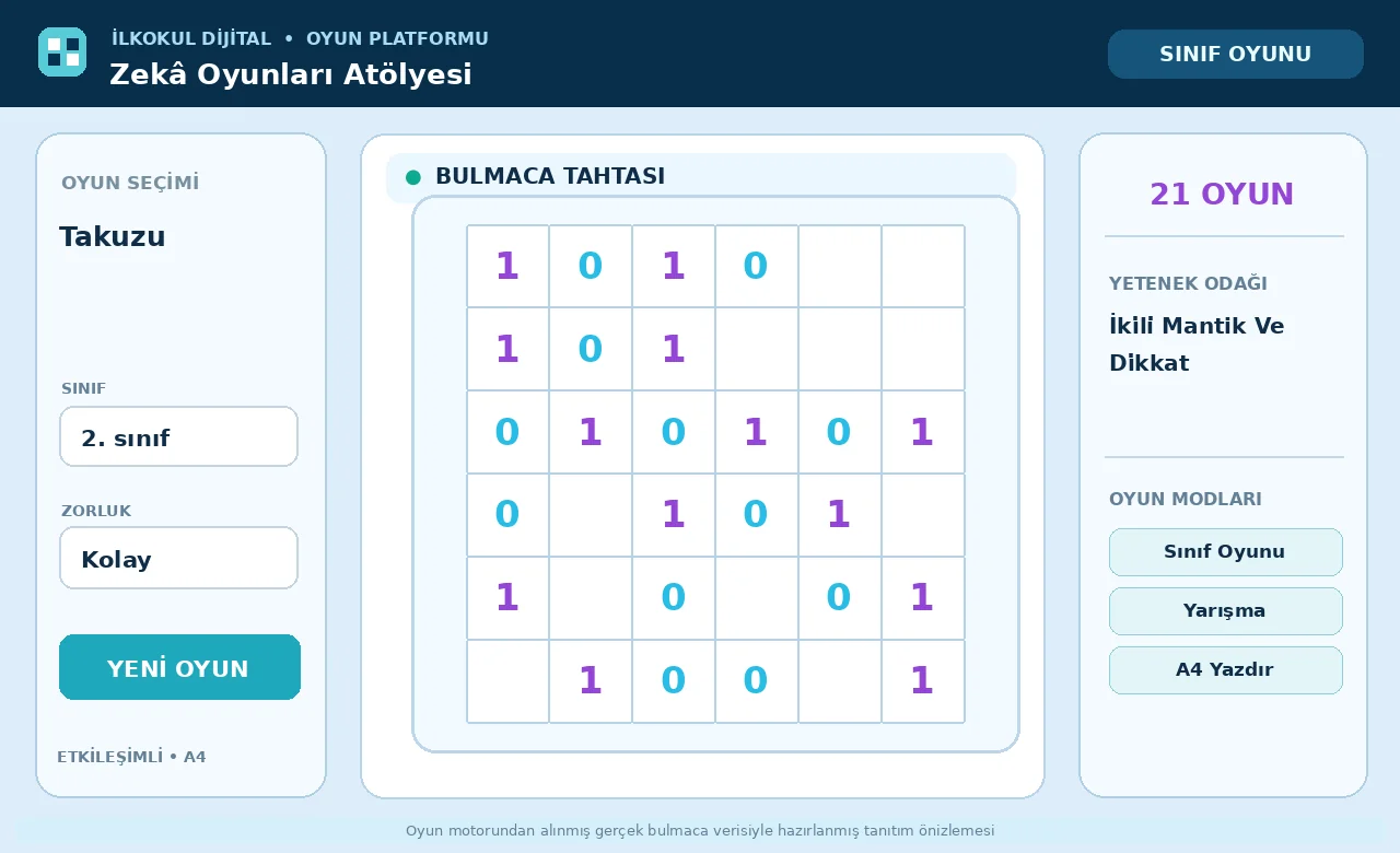Takuzu (Binary Puzzle / Binairo) oyunu için örnek bulmaca tahtası önizlemesi