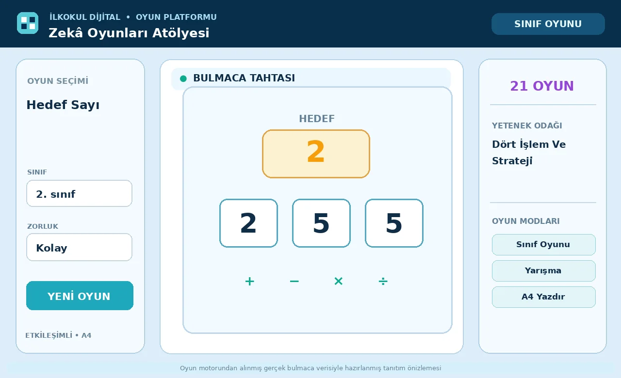Hedef Sayı: sayı kartları ve hedef değerden oluşan örnek bulmaca önizlemesi