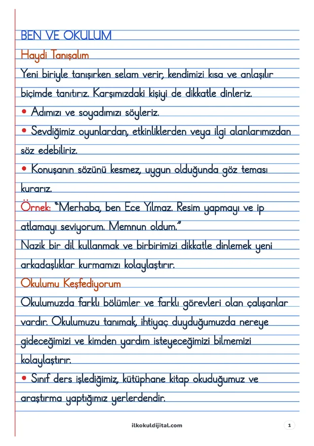 1. Sınıf Hayat Bilgisi: Ben ve Okulum Defter Notları set ön izlemesi