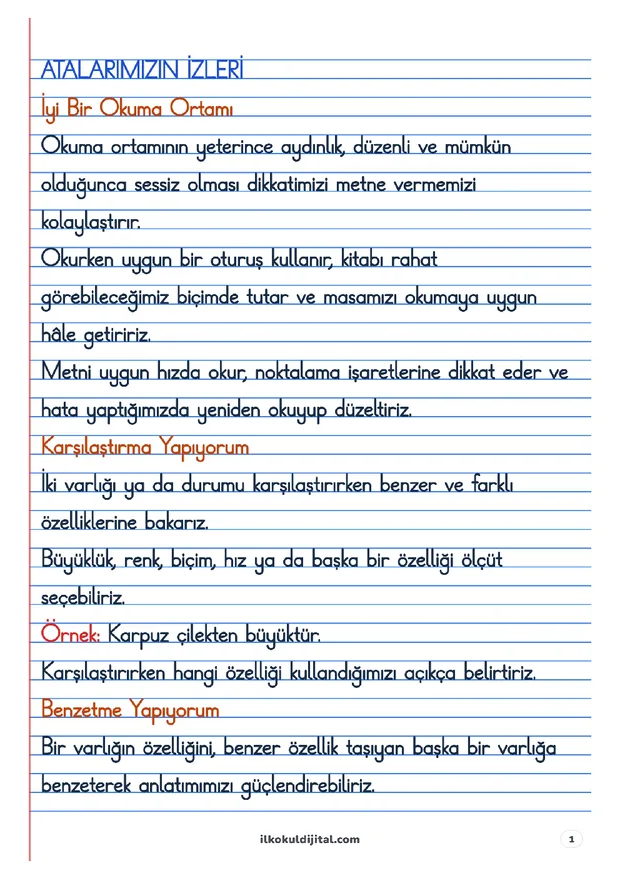 1. Sınıf Türkçe: Atalarımızın İzleri Defter Notları ön izlemesi