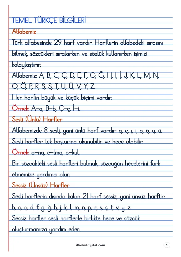 1. Sınıf Türkçe: Temel Türkçe Bilgileri Defter Notları ön izlemesi