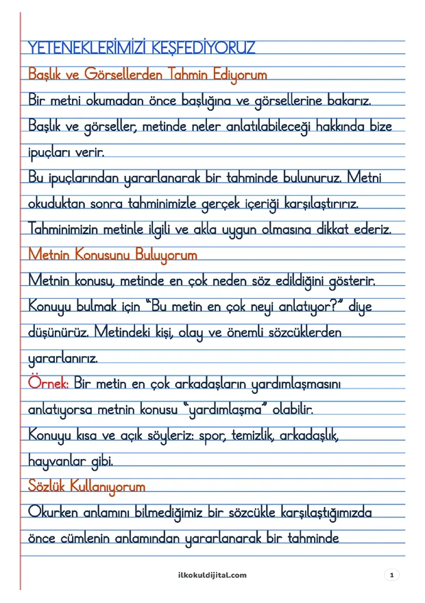 1. Sınıf Türkçe: Yeteneklerimizi Keşfediyoruz Defter Notları ön izlemesi