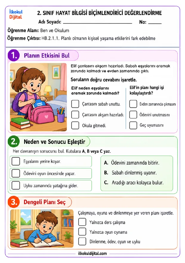 2.Sınıf Hayat Bilgisi 1.Öğrenme Alanı Ben ve Okulum Biçimlendirici Değerlendirme Seti set ön izlemesi
