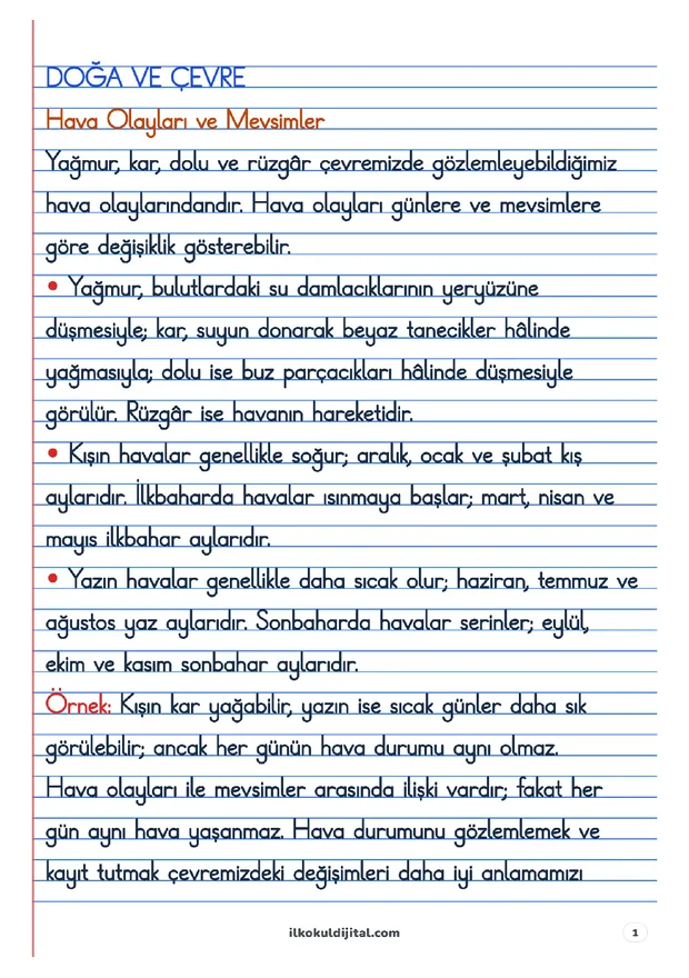 2. Sınıf Hayat Bilgisi 27. Hafta: Doğa ve Çevre Defter Notları ön izlemesi