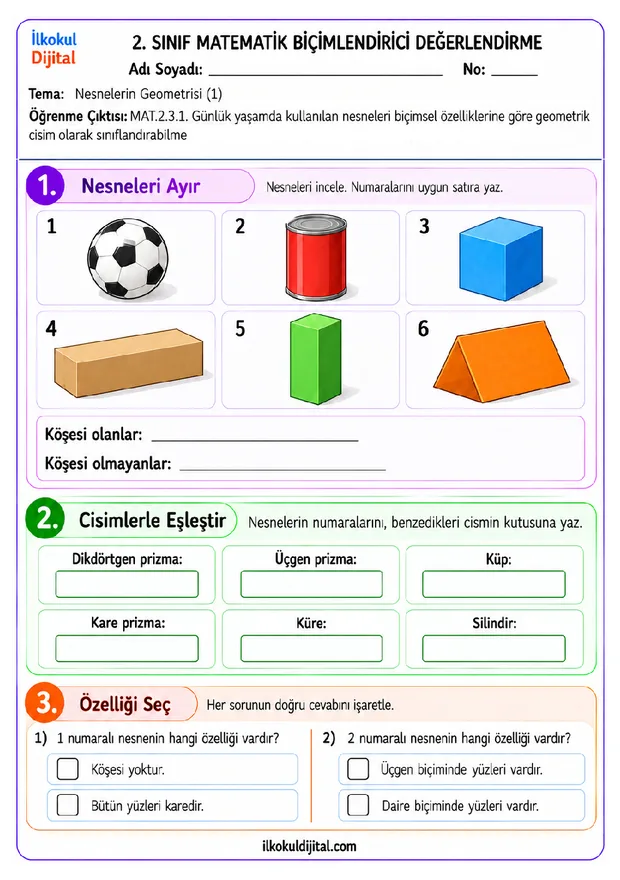 2.Sınıf Matematik 1.Tema Nesnelerin Geometrisi (1) Biçimlendirici Değerlendirme Seti set ön izlemesi