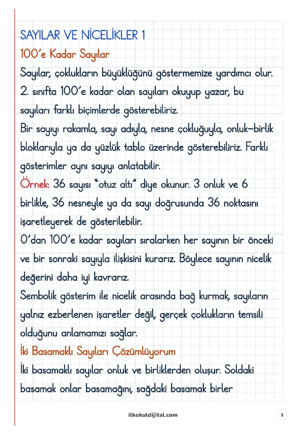 2. Sınıf Matematik 11. Hafta: Sayılar ve Nicelikler (1) Defter Notları ön izlemesi