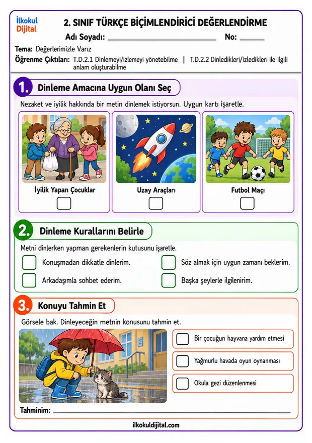 2.Sınıf Türkçe 1.Tema Değerlerimizle Varız Biçimlendirici Değerlendirme Seti set ön izlemesi