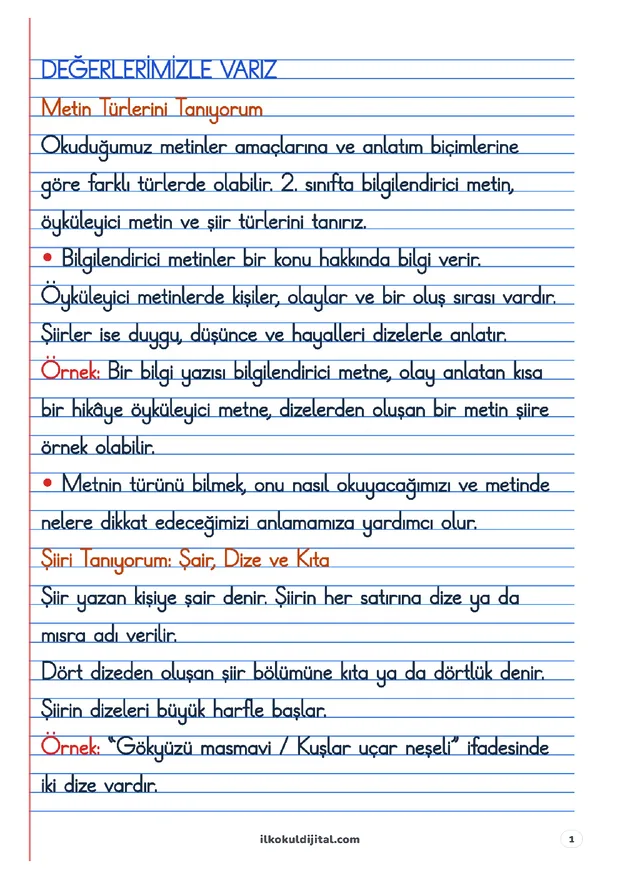 2. Sınıf Türkçe 3. Hafta: Değerlerimizle Varız Defter Notları ön izlemesi