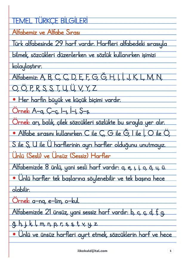 2. Sınıf Türkçe 11. Hafta: Temel Türkçe Bilgileri Ders Notları ön izlemesi