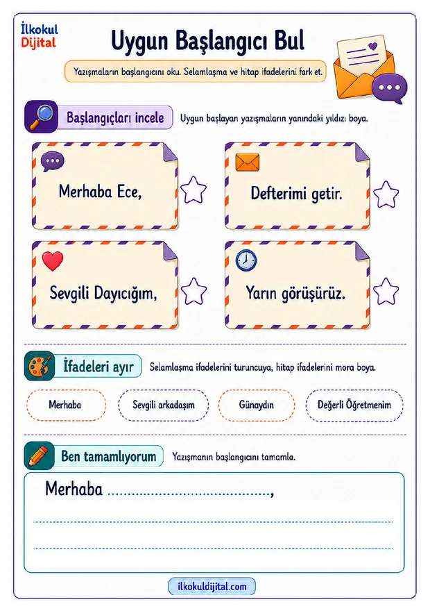 2. Sınıf Türkçe: Yazışmaya Selamlaşma ve Hitapla Başlama set ön izlemesi