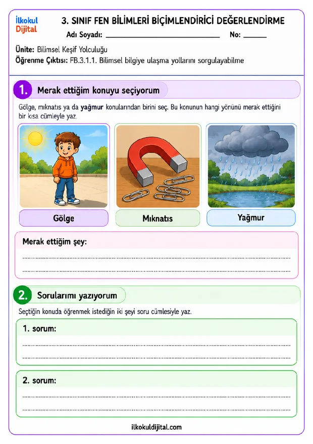 3.Sınıf Fen Bilimleri 1. Ünite: Bilimsel Keşif Yolculuğu Biçimlendirici Değerlendirme Seti set ön izlemesi