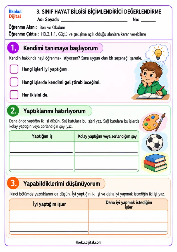3.Sınıf Hayat Bilgisi 1. Öğrenme Alanı Ben Ve Okulum Biçimlendirici Değerlendirme Seti ön izlemesi