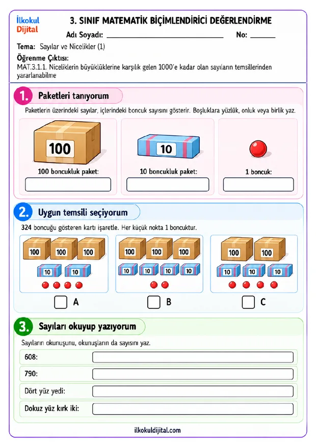 3.Sınıf Matematik 1. Tema Sayılar Ve Nicelikler (1) Biçimlendirici Değerlendirme Seti ön izlemesi