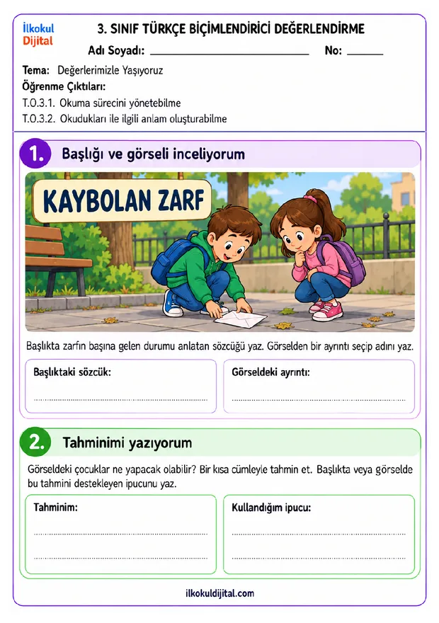 3.Sınıf Türkçe 1. Tema Değerlerimizle Yaşıyoruz Biçimlendirici Değerlendirme Seti set ön izlemesi