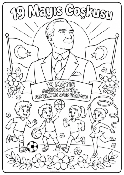 19 Mayıs Atatürk'ü Anma, Gençlik ve Spor Bayramı Boyama Sayfası 4