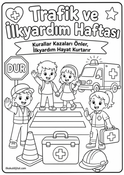 Trafik ve İlkyardım Haftası Boyama Sayfası 9