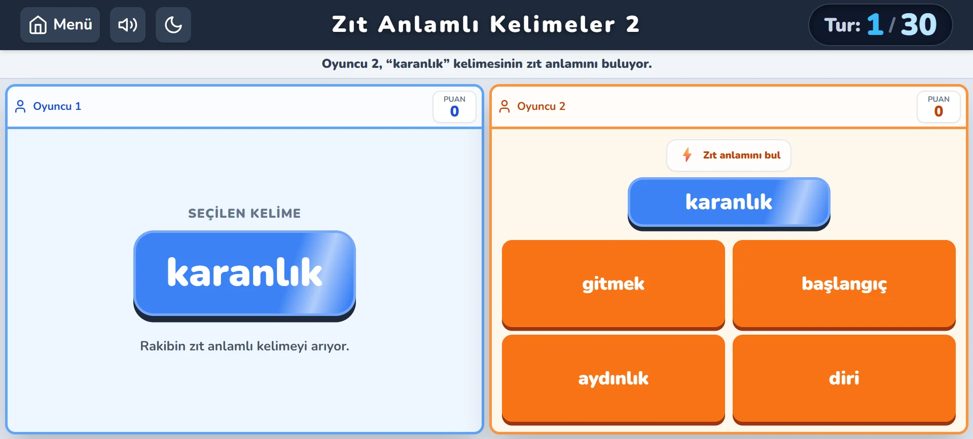 Zıt Anlamlı Kelimeler Oyunu 2 Yarışma Modu masaüstü ekran görüntüsü